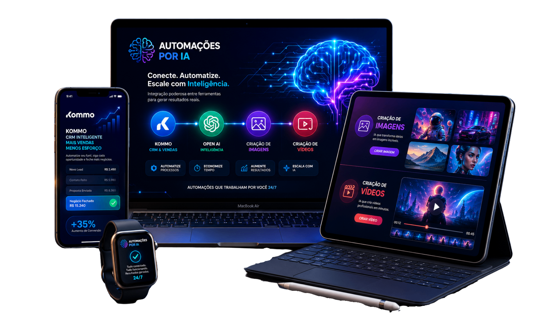 Mockup OBED — automação com IA em desktop, tablet, smartphone e smartwatch